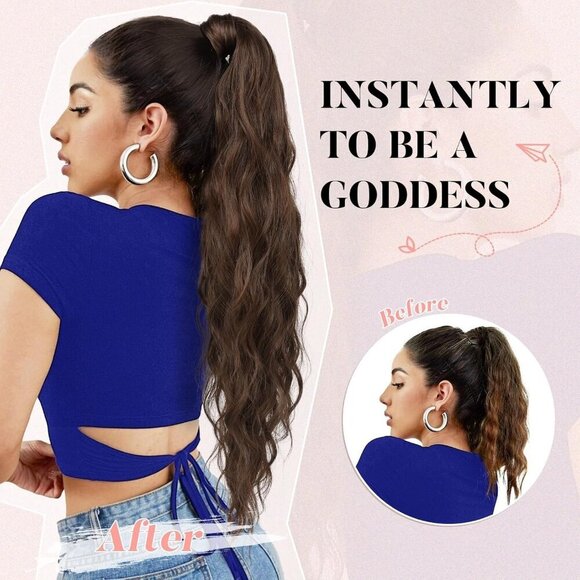 Long Wavy Curly Ponytail Hair Extensions Synthetic 32 Inch Brown Auburn